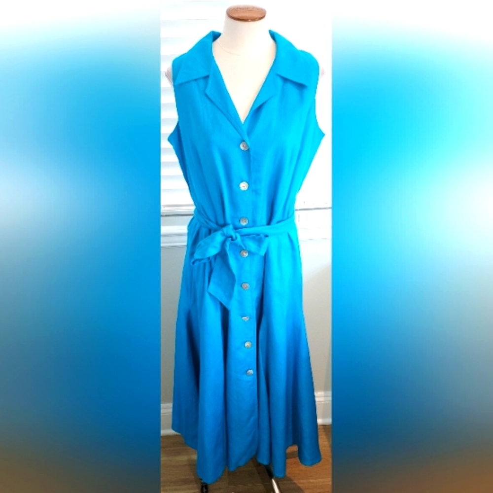 Coldwater Creek Blue Collered Button Down Sleeveless Dress NWT